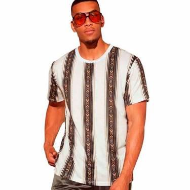 Brown and White Collarless Short Sleeve T-Shirt in Heavy Lycra with Geometric Design and Regular Fit Manufacturers, Suppliers, Exporters, Importers in Portugal