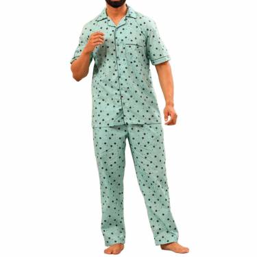 Elegant Green Cotton Mens Nightwear Set with Side Seam Pockets and Digitally Printed Pattern Manufacturers, Suppliers, Exporters, Importers in Spain