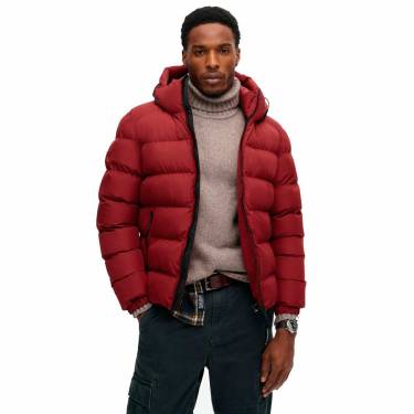 Mens Regular Fit Puffer Jacket in Maroon Polyester Fabric with Hooded Neck and Solid Pattern Manufacturers, Suppliers, Exporters, Importers in Faisalabad