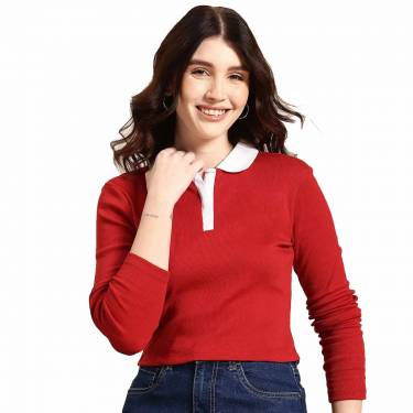 Red Embroidered Polo Shirt with Shirt Collar Long Sleeves Ribbed Knit Casual Wear Manufacturers, Suppliers, Exporters, Importers in San Diego