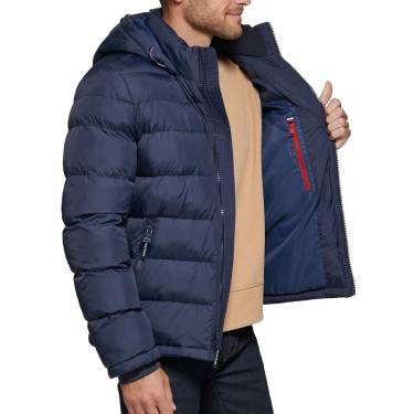 Solid Black Hooded Quilted Puffer Jacket for Men Nylon Fabric with Long Sleeves and Classic Fit Manufacturers, Suppliers, Exporters, Importers in Faisalabad